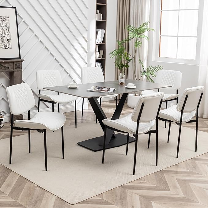 Modern Dining Chairs Set of 6, Leather Dining Chair with Metal Legs, Upholstered Dining Room Chairs for Dining Room, Kitchen, Vanity (White)