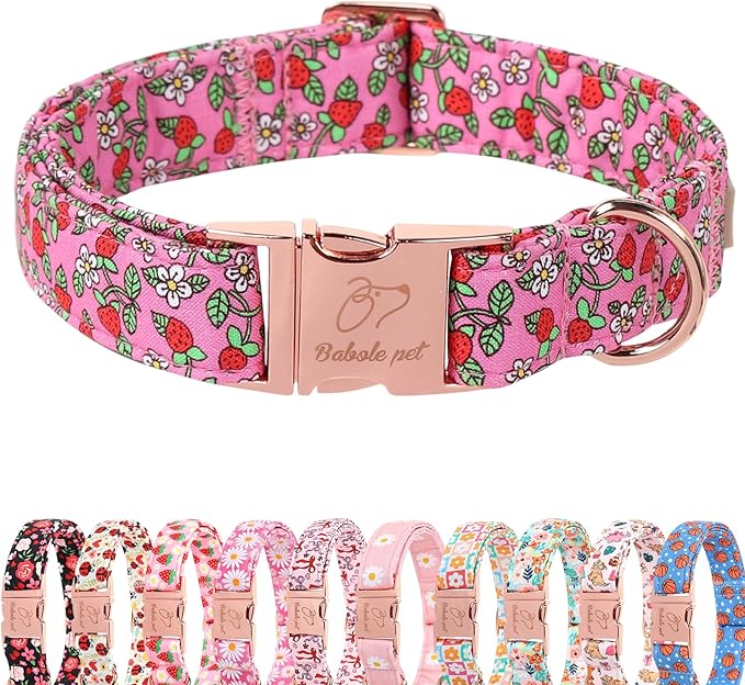 Sweet Strawberry Dog Collar, Cute Pink Summer Pet Collar with Metal Buckel, Durable Adjustable Designer Dog Collars for Small Medium Large Dogs L