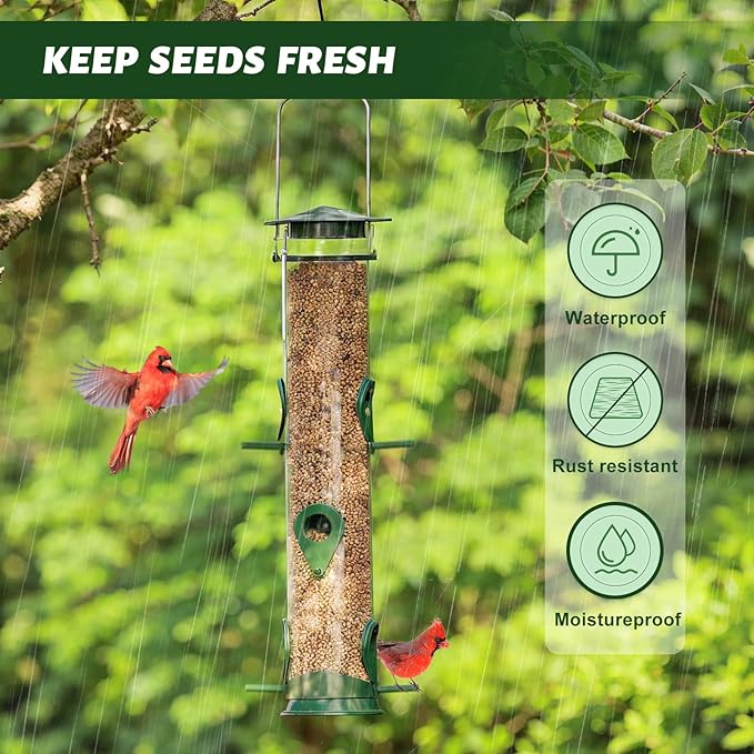 2 Packs Green Bird Feeder Tube Hanging Feeders, 6 Port Wild Bird Feeders Premium Hard Plastic with Steel Hanger Weatherproof and Water Resistant Great for Attracting Birds 18.2 Inches Large