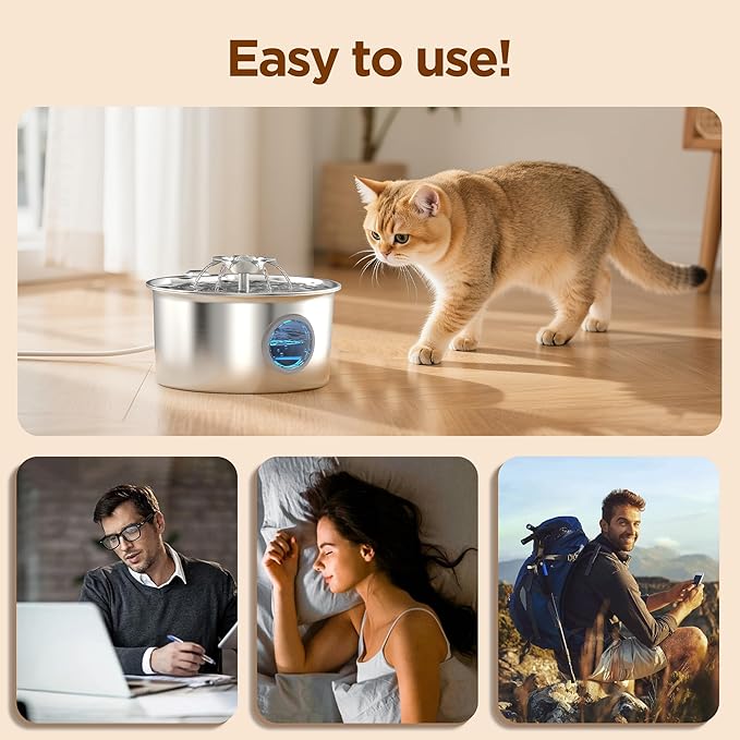 Stainless Steel Cat Water Fountain: 88oz/2.6L Ultra Quiet Pet Fountain with Flower Kitty Spout & LED Blue Light Water Dispenser with Water Level Window for Cats/Dogs Indoor (Silver) - IHOUONE