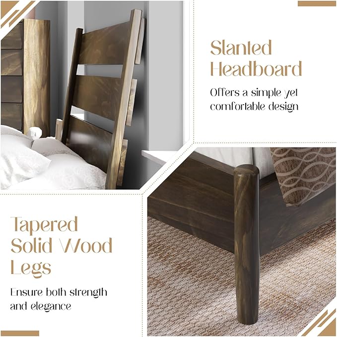 VanAcc Solid Wood Full Bed Frame, Platform Bed with Reclining Slatted Headboard, Mid Century Bed with Wood Slat Support, Dark Brown