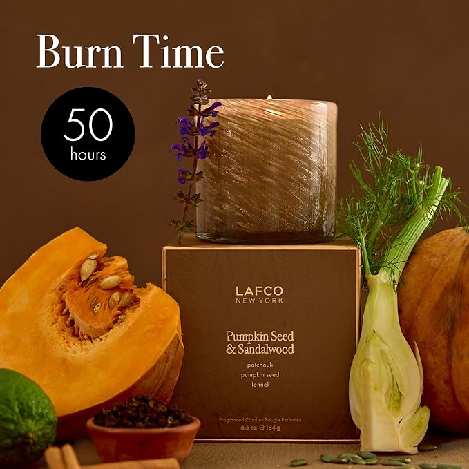 LAFCO New York Fall Classic Candle, Pumpkin Seed & Sandalwood - 6.5 oz - 50-Hour Burn Time - Reusable, Hand Blown Glass Vessel - Made in The USA