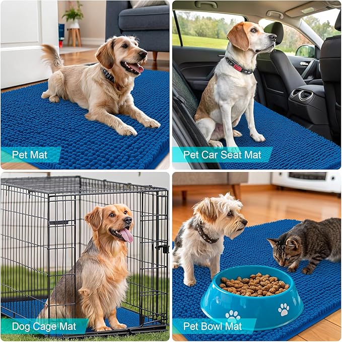 OLANLY Dog Door Mat for Muddy Paws 48x30, Absorbs Moisture and Dirt, Absorbent Non-Slip Washable Doormat, Quick Dry Chenille Mud Mat, Entry Indoor Entryway Carpet for Inside Floor, Deep Navy Blue
