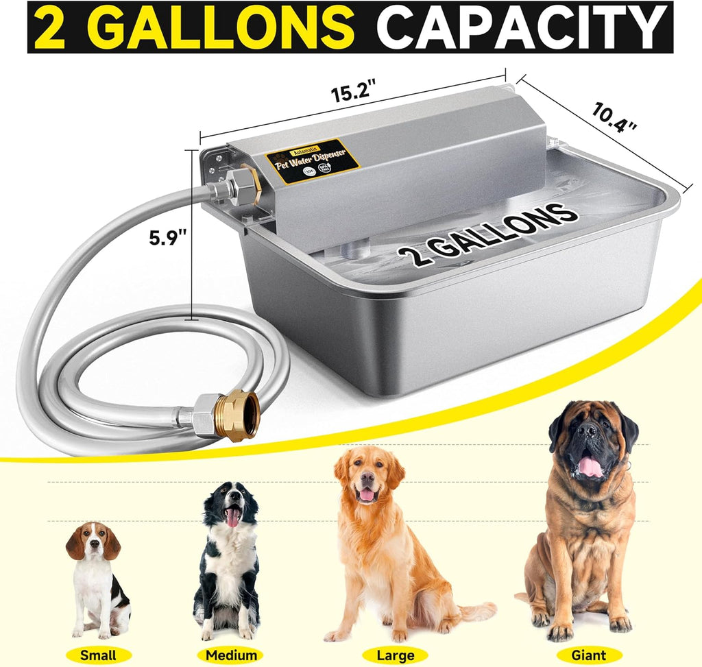 Automatic Dog Water Dispenser, 2 Gallons 304 Stainless Steel Large Dog Water Bowl Dispenser for Indoor/Outdoor, Pet & Livestock Water Feeder, Auto Fill, Fits GHT 3/4" Faucet, Easy to Clean