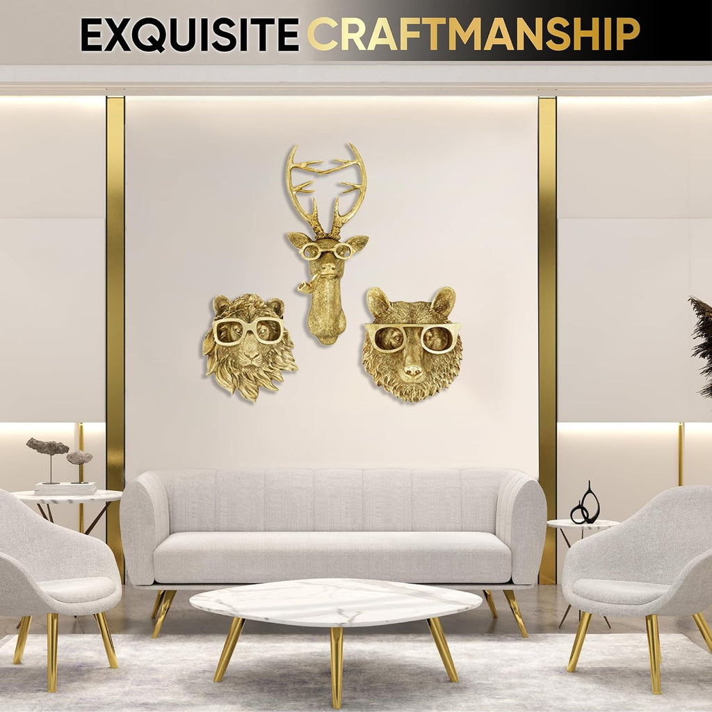 Luxicoze Gold 3pcs Animal Heads Wall Decor - Victorian-Style Lion Head, Bear Head, and Deer Head Wall Mount Decor, Adorned with Spectacles, Resin Home Decor Sculptures for Artistic Living Rooms, Animal Statue.