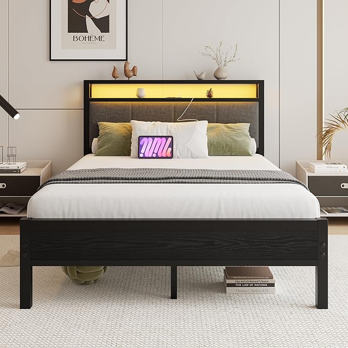 Full Size Bed Frame with LED Lights, Upholstered Headboard with Storage Shelves&Charging Station, Heavy Duty LED Bed Frame Full Mattress Foundation No Box Spring Needed, Noise Free,Grey