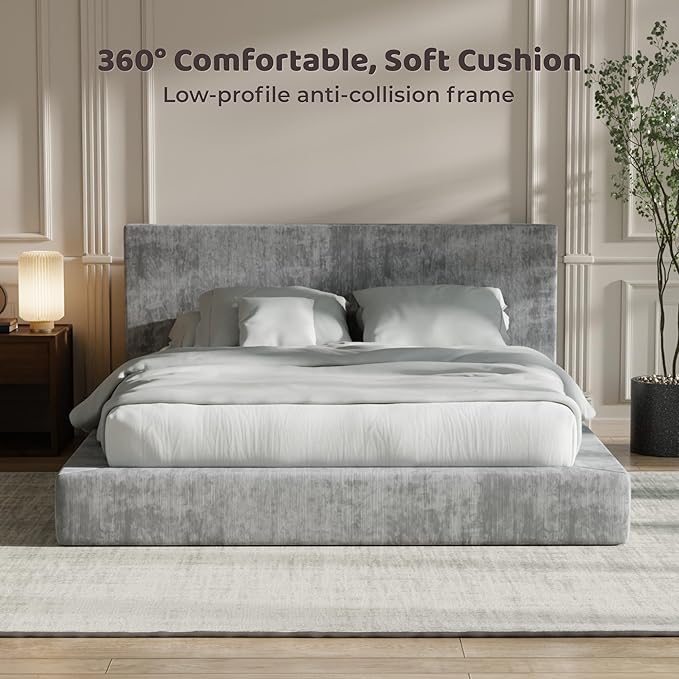 RECCI Cloud Upholstered Queen Bed Frame with Headboard, 5 Inch Foam Padded Platform, No Box Spring, Easy Assembly (Moon)