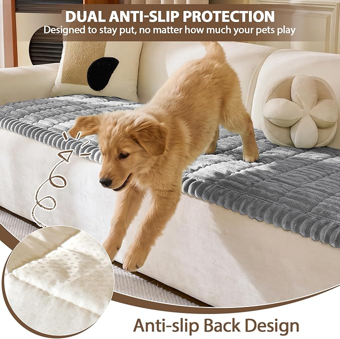FUANGUI Waterproof Couch Cover Sofa Cover for Dogs and Pets Sofa Protector | Non-Slip Washable Fuzzy Soft Cat Bed Sofa Slipcover for 2-3 Cushion Couch Sofa Pet Friendly, Grey, 27.6" x 94.5", 1 pcs