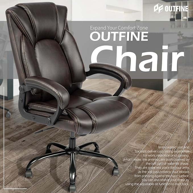 OUTFINE Office Chair Executive Office Chair Desk Chair Computer Chair with 5-Year hydrolysis-Resistant Leather Spring Cushion Ergonomic Support Tilting Function Upholstered in Bonded Leather (Brown)