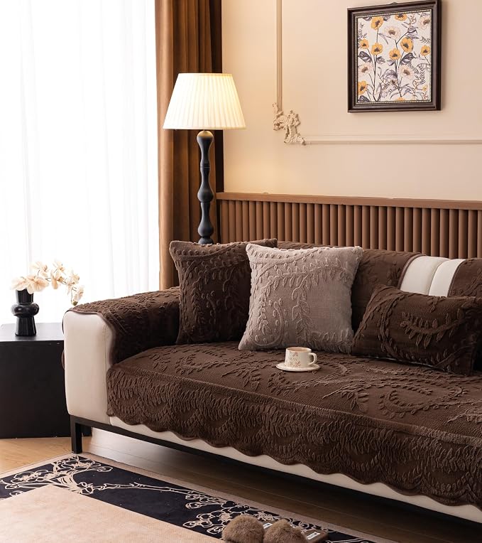 Fuzzy Rabbit Plush Sofa Cover Cozy Warm Sofa Couch Covers with 3D Jacquard Leaf Pattern Non-Slip Easy-to-Install Shaggy Sofa Slipcover Prefect for Kids Dogs Cats Cats(Caramel,36"x110")