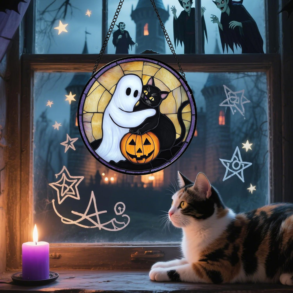 Stained Glass Window Hanging - Halloween Decorations Cute White Ghost Black Cat Suncatcher for Doors Garden Spooky Sun Catchers Gothic Decor Horror Gifts for Women Men Friend Boy 11.8 in