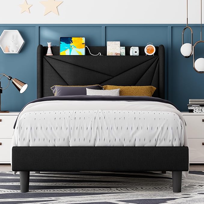 Feonase Twin Size Bed Frame with Charging Station, Upholstered Linen Bedframe with Wingback Headboard, Solid Wood Slats Support, No Box Spring Needed, Noise Free, Black