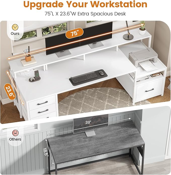 SEDETA White Computer Desk with 5 Drawer & Power Outlet, 75'' Home Office Desk with File Drawer, Storage Shelves, Printer Cabinet and Monitor Shelf, Gaming Desk with Led Lights, 23.6" W Desktop