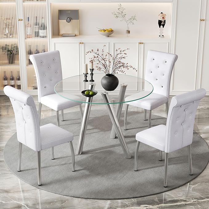 35" Round Dining Table for 4, Modern Round Glass Dining Table with Metal Legs, Round Kitchen Table for Dining Room Home Office Small Spaces