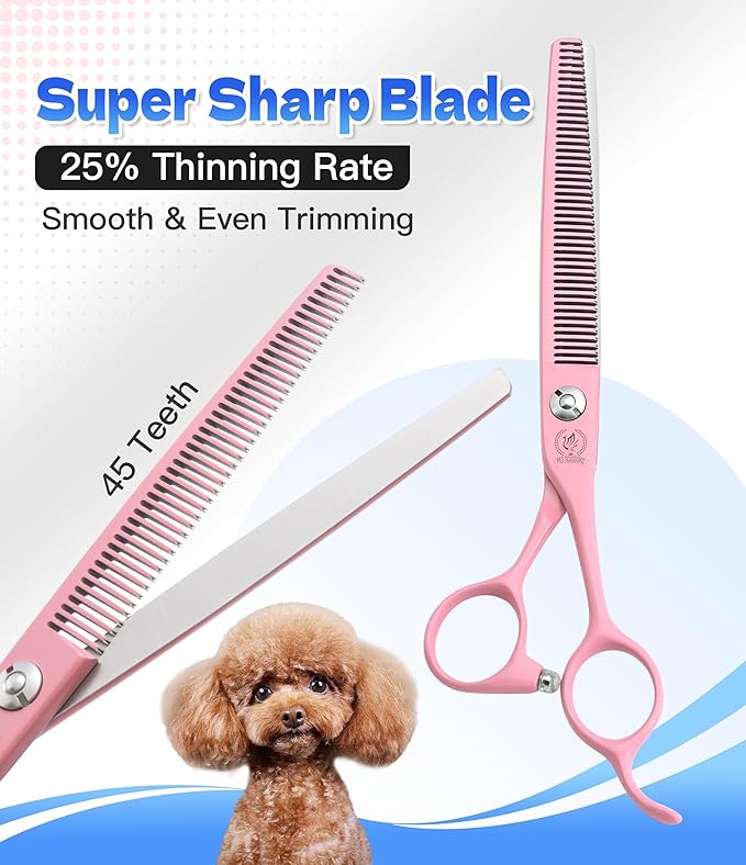 Fenice Peak 7" Professional Dog Grooming Scissors Set, Japanese 440C Stainless Steel Straight Thinning Curved Chunker Shears for Pet Grooming, Trimming Face, Paws, Pink
