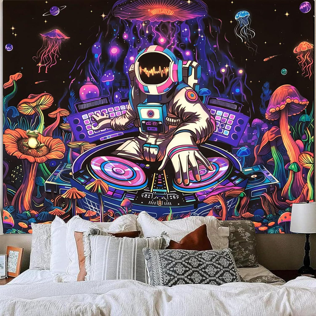 Blacklight Astronaut Tapestry Glow In The Dark Funny DJ Music Tapestry UV Reactive Space Galaxy Planet Mushroom Floral Jellyfish Frog Tapestries Wall Hanging for Home Dorm Living Room Decor W59×H51