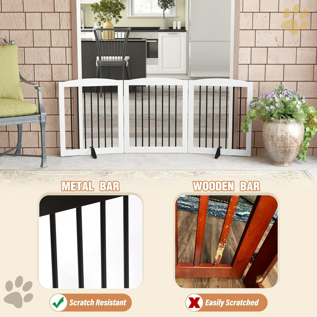Freestanding Wooden Pet Gate for House, Foldable Indoor Dog Gate for Doorways, Stairs - 24" Height, 3 Panels, White
