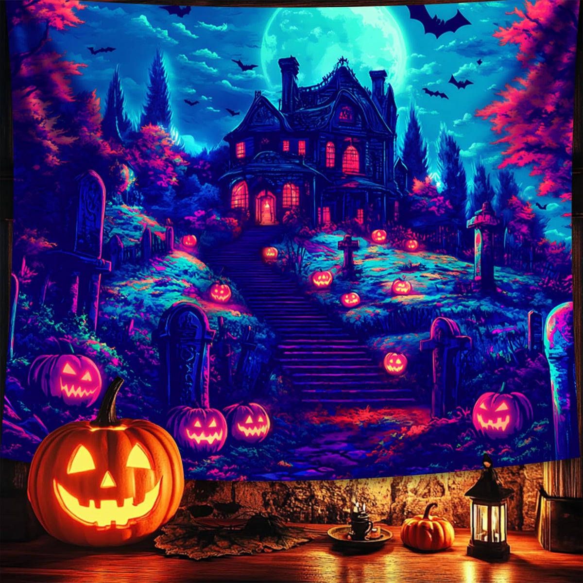 Halloween Tapestry, Blacklight Tapestry for Halloween Party Decor Hanging Tapestries Backdrop Wall Art Poster for Bedroom Dorm 79x59in
