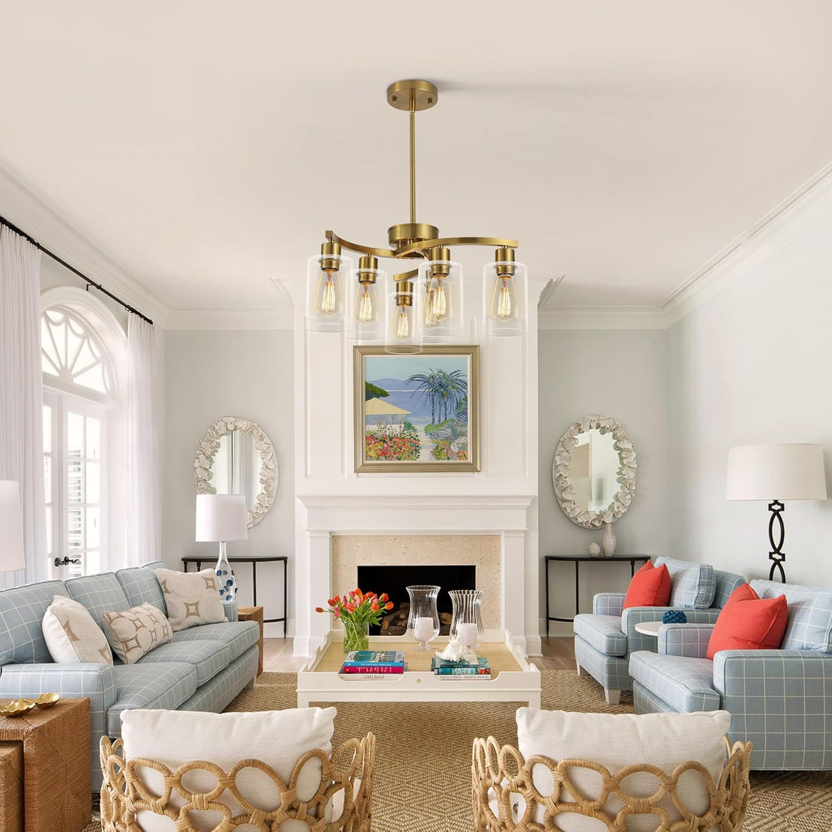 6-Light Gold Chandeliers for Dining Room, Modern Kitchen Island Light Fixtures Over Table, Metal Hanging Pendant Lighting for Living Room Stairwell Entryway Bedroom, Clear Glass Shade