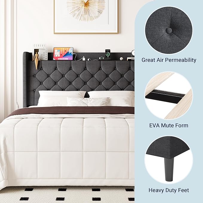Allewie Queen Size Bed Frame, Storage Headboard with Charging Station, Wingback Linen Upholstered, Diamond Stitched Button Tufted, Sturdy Wooden Slats, No Box Spring Needed, Easy Assembly, Dark Gray