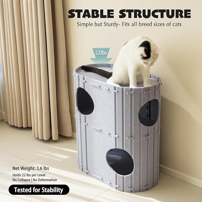 PETKARAY 2-Story Felt Cat House, Large Bed Cave for Indoor Cats, Felt Tunnel Hideaway Condo for Multi-Cat Households, 23.6x22x12 inches, Grey
