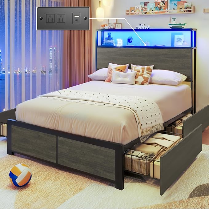 Lifezone Twin Bed Frame with 2-Tier Storage Headboard, Metal Platform Bed Frame with 4 Storage Drawers, Built in Charging Station & LED, Noise-Free/Metal Support/No Box Spring Needed, Rustic Grey