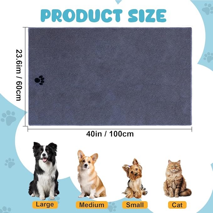 WOUSEDO Microfiber Dog Towels for Drying Dogs,40'' X 23.6'', Super Absorbent and Soft Pet Grooming Towel, Perfect Shower & Bath Supplies for Dogs(2-Pack Grey)