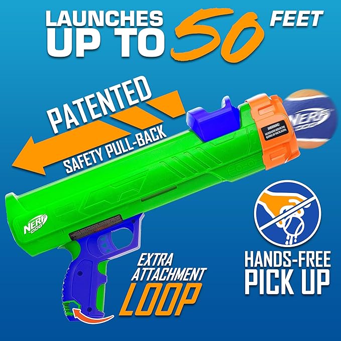 Nerf Dog Tennis Ball Blaster Dog Toy Gift Set, Tennis Ball Dog Fetch Toy Launches up to 50 ft, Dog Ball Thrower for All Breeds Includes Green Tennis Ball Launcher and 3 Dog Tennis Balls
