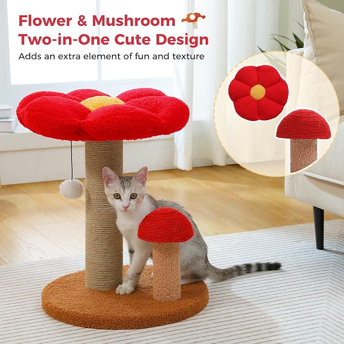 PETEPELA Cat Scratching Post, Mushroom Cat Scratcher Cute Cat Tree Tower with Thick Scratching Post & Removable Flower Cats Bed [Dia=15.7''], Tall Post for Kittens and Indoor Small, Brown