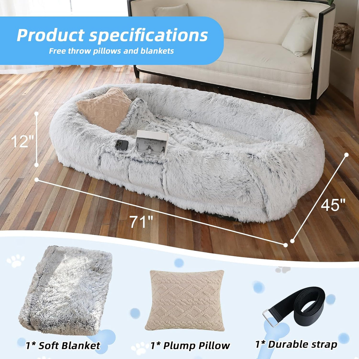 Human Dog Bed - 71"x45"x12" Fits You & Pets, Washable Faux Fur, Orthopedic, Plump Pillow, Blanket, Strap - Grey