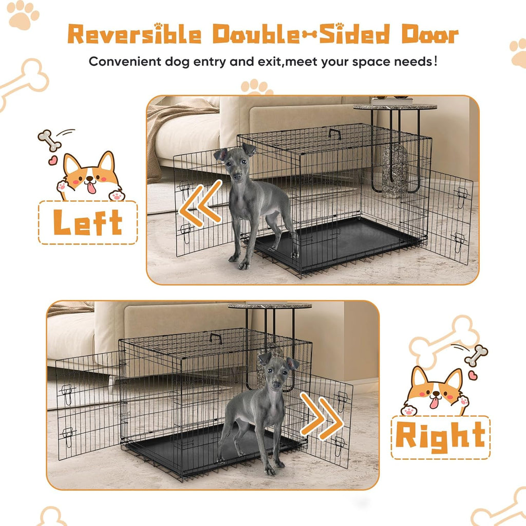 DUMOS Dog Crate, 42 Inch Large Double Door Dog Cage with Divider Panel and Plastic Leak-Proof Pan Tray, Folding Metal Wire Pet Kennel for Indoor, Outdoor, Travel