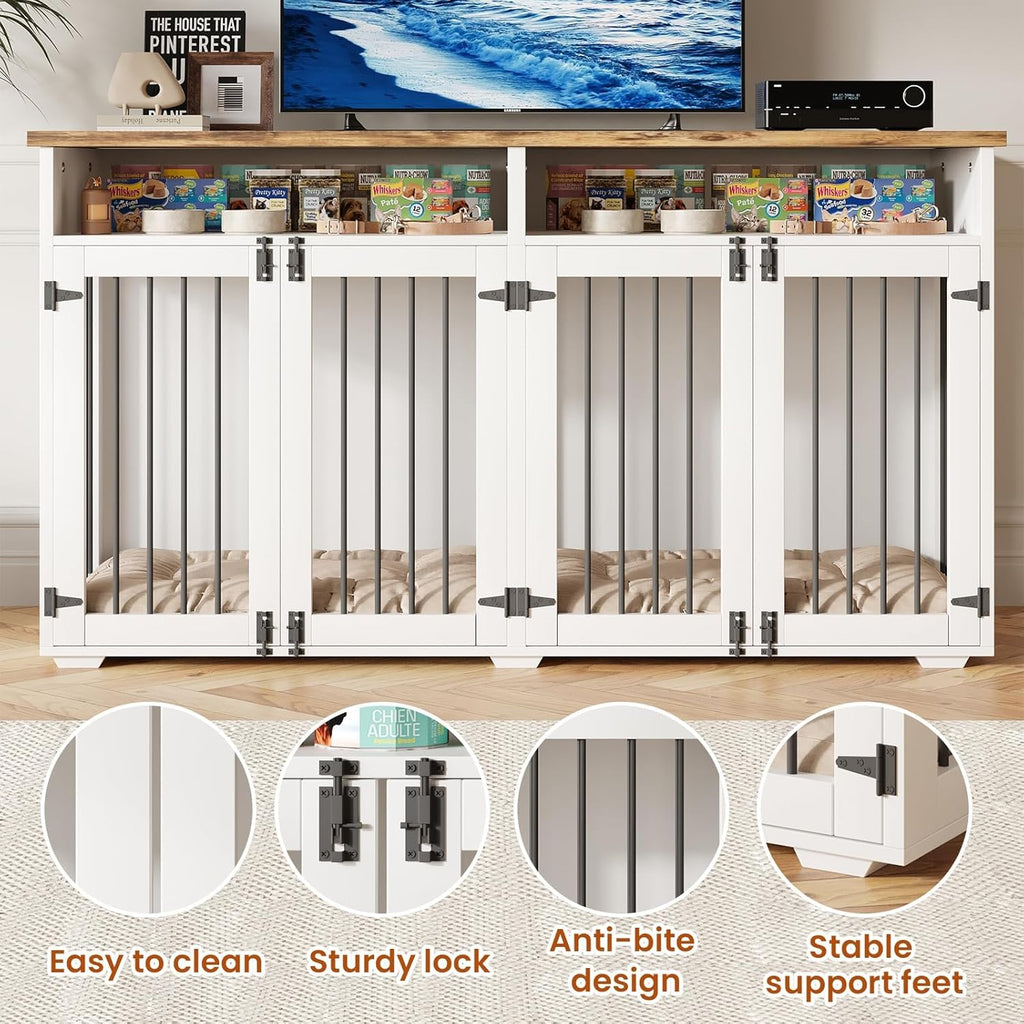 63'' Dog Crate Furniture for 2 Dogs, Wooden Dog Cage with Storage Compartment, Indoor Dog Kennel with 4 Doors for Large/Medium Dogs, White