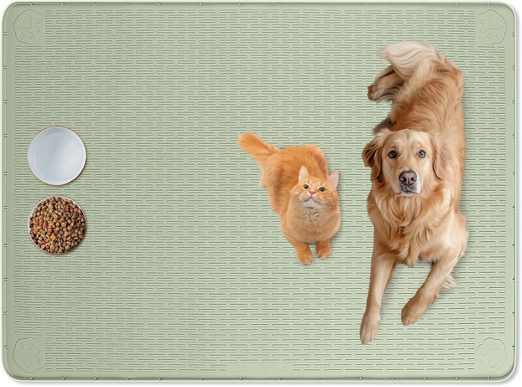 Cat Food Mat, 50" x 35" Extra Large Silicone Pet Feeding Mat with Raised Edge Pet Placemat for Food and Water Bowl Non-Slip, Easy to Clean, Floor Protection (Green)