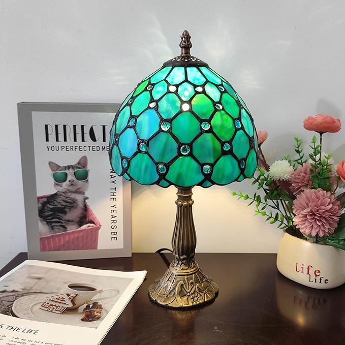 Small Tiffany Table Lamp 8 Inch Tiffany Style Desk Lamp Stained Glass Antique Light Bedroom Bedside Lamp Retro Reading Lamps (Green Pearls Style)