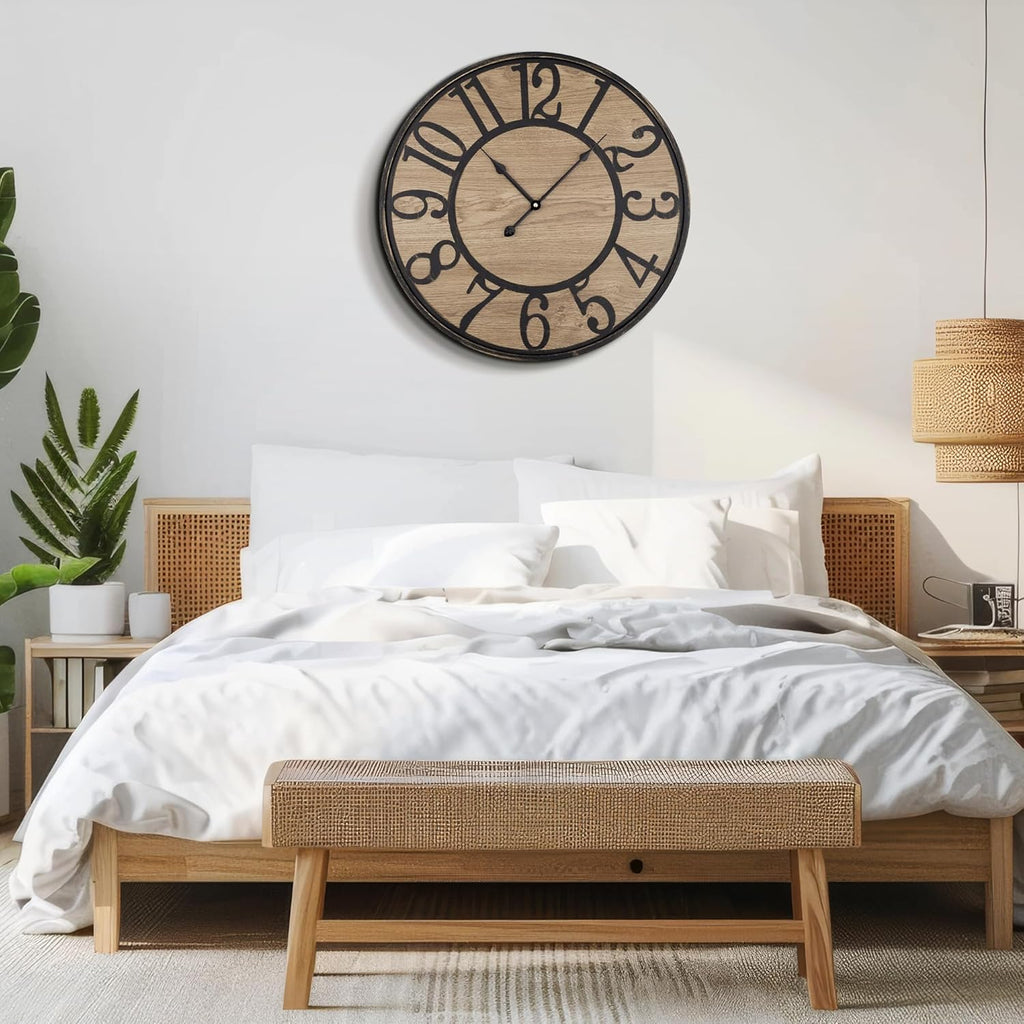 Large Wall Clock for Living Room Decor, Non Ticking Silent, Battery Operated Modern Vintage Wood Wall Clock Oversized Decorative Wall Clock for Bedroom Kitchen Farmhouse Office Decor