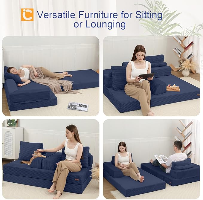 COMAX Convertible Sofa Bed, Folding Floor Couch Corduroy Fold Out Couch Bed Futon Sleeper Mattress with Pillows, Boneless Sofa Comfy Lounge Loveseat for Living Room Bedroom, Navy