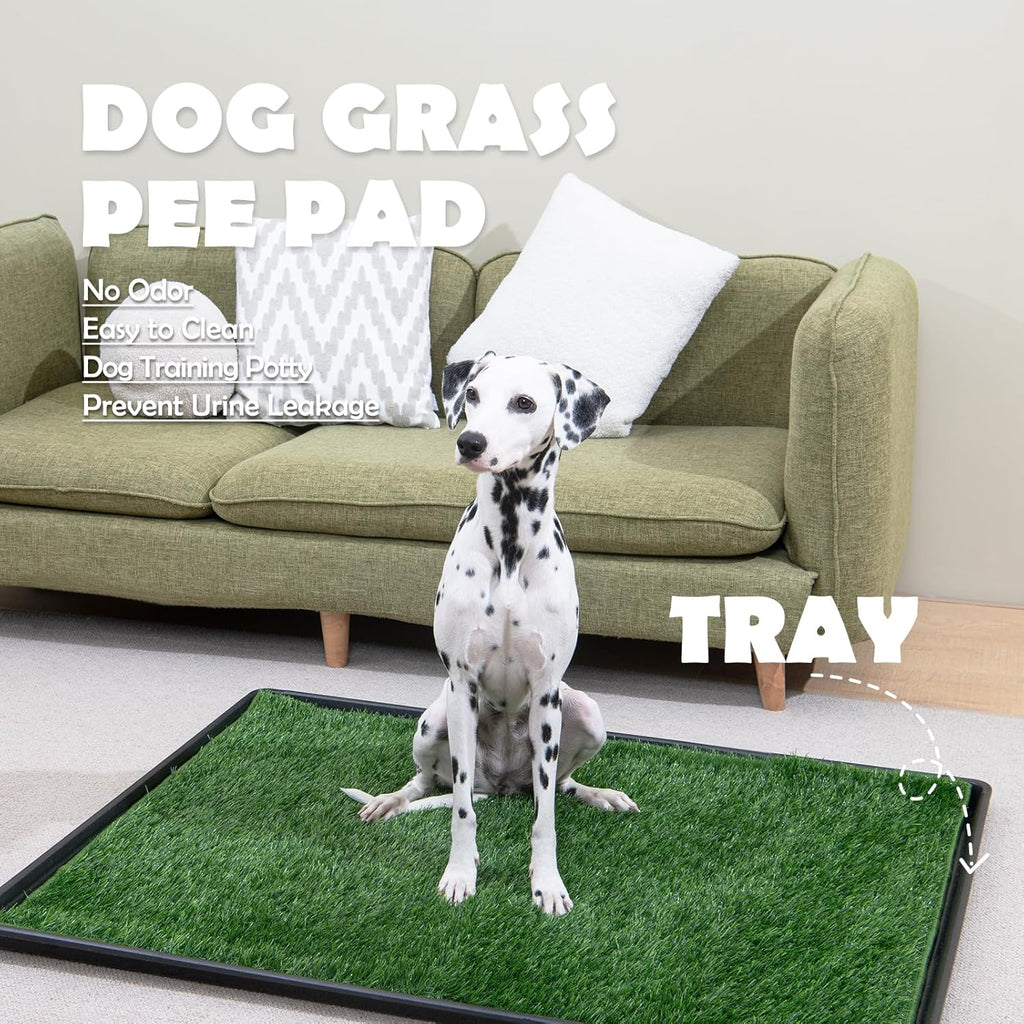 MEEXPAWS Dog Grass Pee Pads for Dogs with Tray | Large 34×23 in | 2× Dog Artificial Grass Pads Replacement| Rapid Drainage | Indoor Litter Box | Hemmed Edge