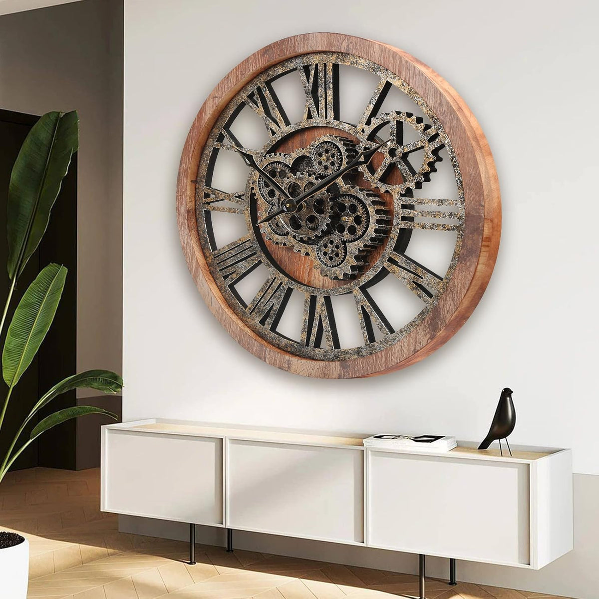 HOIBAI Large Wall Clock 24 Inch Large Clocks for Living Room Decor with Moving Gears Vintage Industrial Steampunk Farmhouse Big Clock for Home Kitchen Bedroom Office
