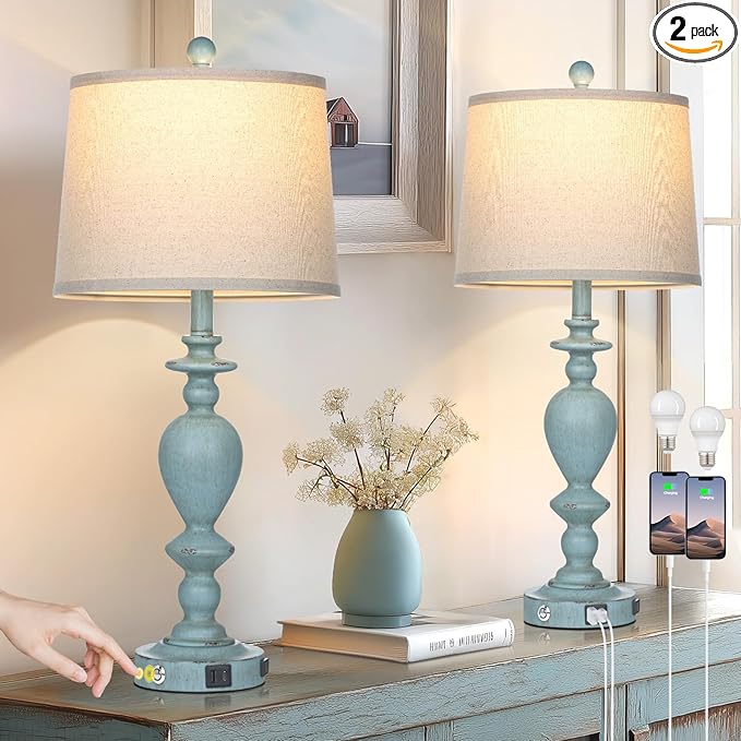 27.5" Coastal Table Lamp for Living Room Set of 2,Retro Blue Bedside Nightstand Lamps with USB C+A Ports & AC Outlet,3-Way Dimmable Touch Control Desk Lamp for Bedroom