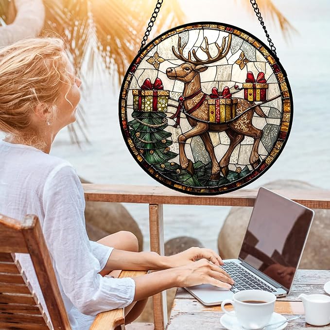 Stained Glass Window Hanging, Christmas Tree Elk Sun Catchers Colorful Glass Panel Retro Suncatcher Decor for Birthday for Women, Men, Wife, Aunt, and Mom 15x15 in