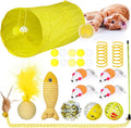 24 Pcs Cat Toys Set Interactive Kitten Toys Pack Including Collapsible Play Tunnel Feather Teaser Wand Fuzzy Ball Springs Pillow Mouse Bells for Indoor Cats Puppy (Yellow,Cute)