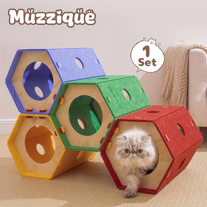 Cat Tunnel Bed, for Indoor Cats, DIY Transformable Pet Tunnel Tube, 8 Way Hiding Large Washable Kitty Play Toy, Puppy Circle House, Expandable Hideaway Peekaboo Kitten/Rabbit Cave, Hideout Cube, 1 Set