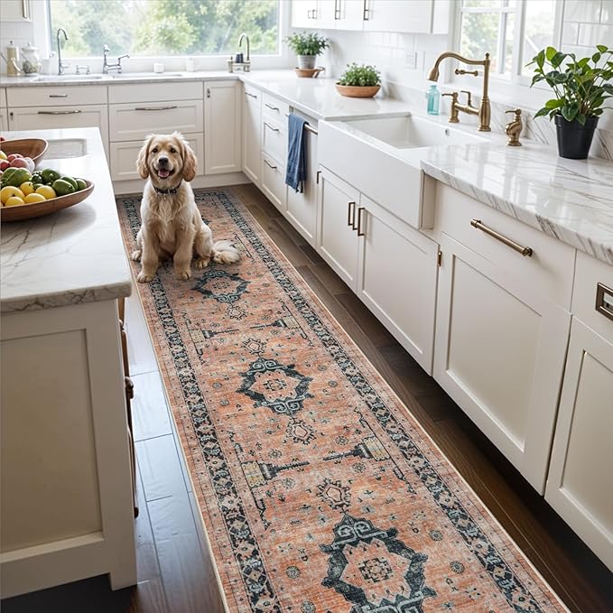 Hallway Washable Runner Rug - 2'6x12 Kitchen Rugs Entryway Rug Runner Vintage Soft Floor Mat Non Slip Indoor Farmhouse Carpet for Bathroom Living Room Bedroom (2'6''x12', Orange)