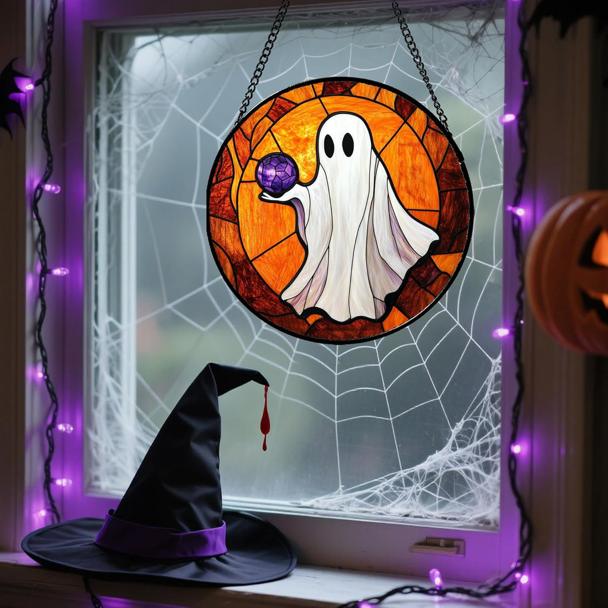 Stained Glass Window Hanging - Halloween Decorations Ghosts Vampire Suncatcher for Doors Garden Indoor Funny Spooky Sun Catchers Gothic Decor Horror Gifts for Women Men Friend 9.8 in