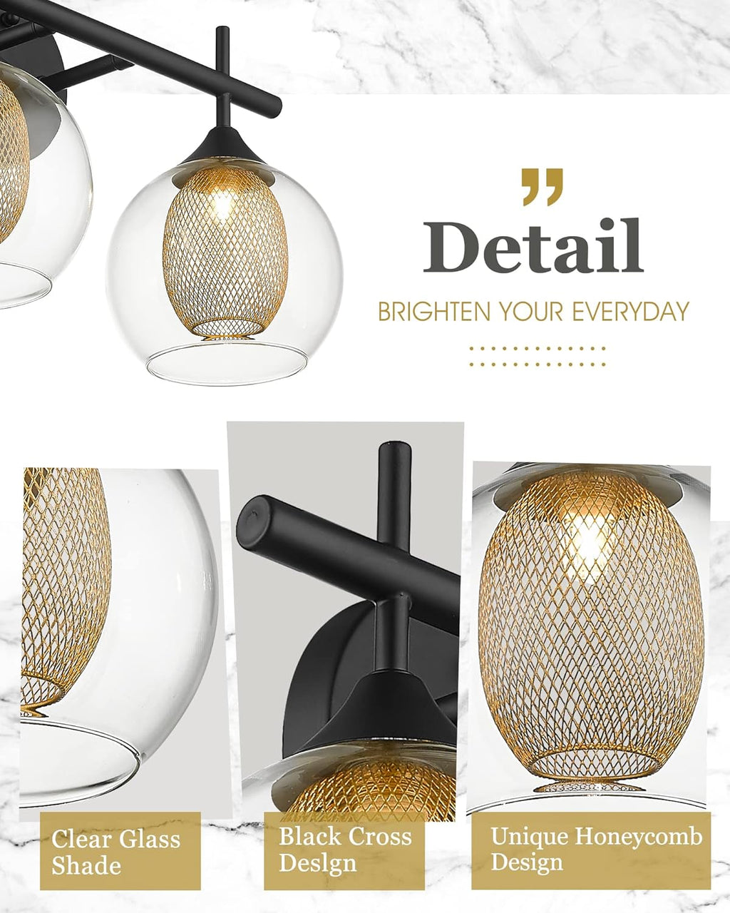 Black and Gold Bathroom Light Fixture, Farmhouse Wall Sconce Lighting with Clear Glass and Honeycomb Metal Shade, 2-Light Black Brass Vanity Light Over Mirror, AD-22001-2W-BK