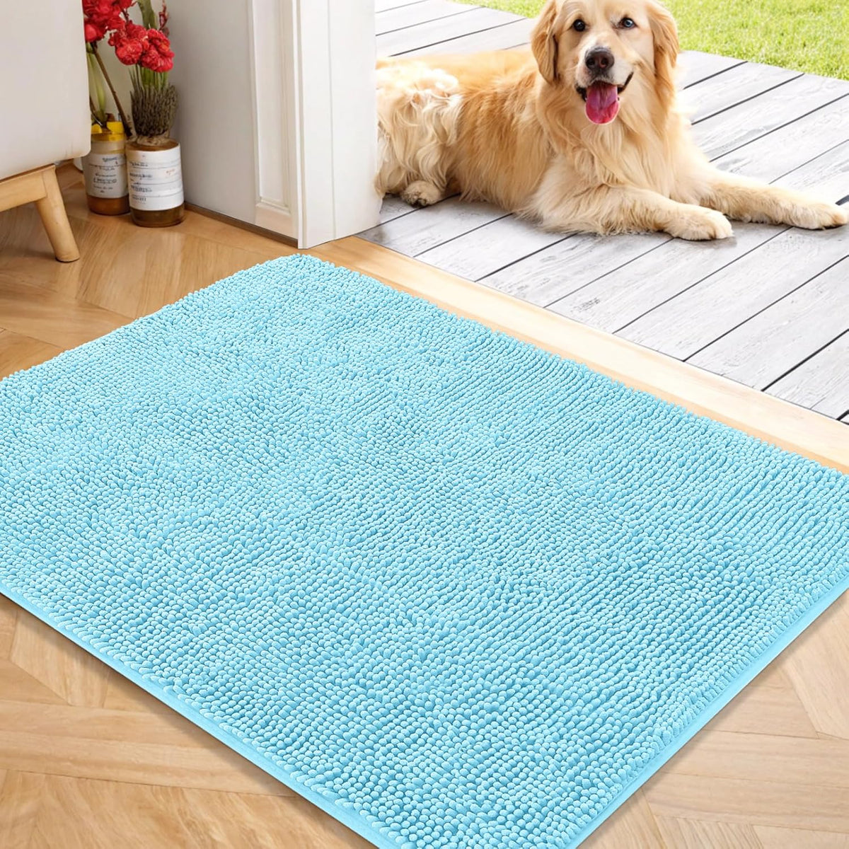 OLANLY Dog Door Mat for Muddy Paws 40x32, Absorbs Moisture and Dirt, Absorbent Non-Slip Washable Doormat, Quick Dry Chenille Mud Mat for Dogs, Entry Indoor Entryway Carpet for Inside Floor, Blue