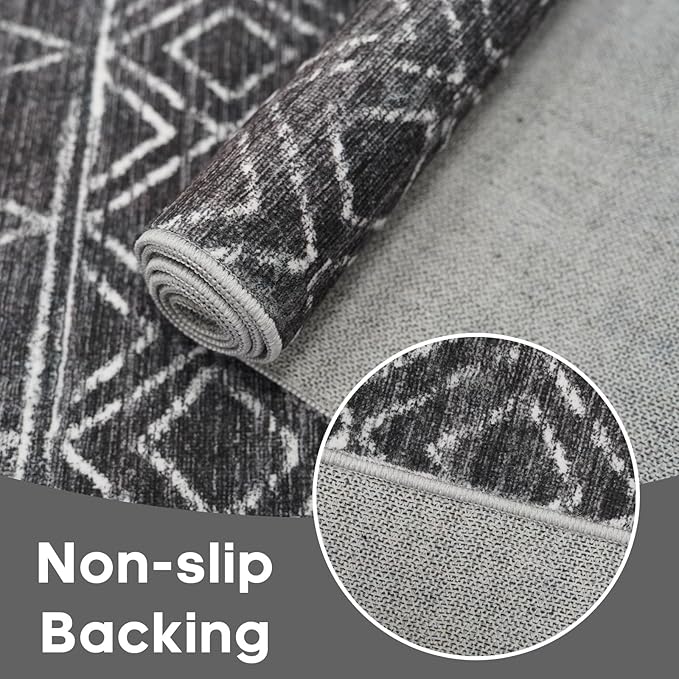 Moroccan 2'6"x12' Hallway Runner Rug: Washable Non Slip Bedroom Rugs - Soft Long Low Pile Farmhouse Neutral Carpet for Entryway Kitchen Laundry 2'6"x12' Black