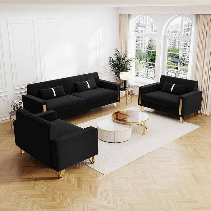 Couch 85.62" 3 Seats Sectional Velvet Fabric Sofa Easy Assemble Sofa Bed with 2 Couch Pillows,Gold Metal Legs for Living Room (P17, Black（3+1+1）)