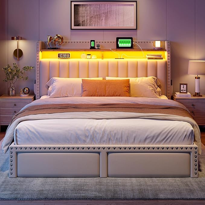 EnHomee Full Size Bed Frame with 2-Tier Storage Headboard & Charging Station, LED Platform Bed Frame with 2 Storage Drawers, Sturdy Wooden Slats Support, Noise-Free, No Box Spring Needed, Beige
