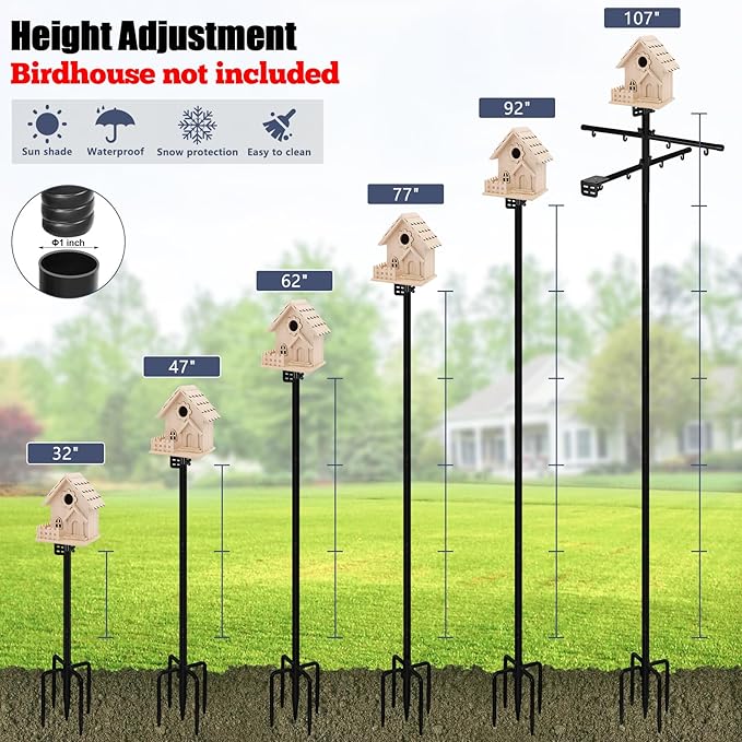 Gtongoko Squirrel Proof Smart Bird Feeder Pole for Outdoors 107 Inch 1 Inch Diameter Bluebird House Pole with 2 Platform and 8 Hooks for Bird Feeder with Camera Adjustable Heavy Duty Mounting Pole